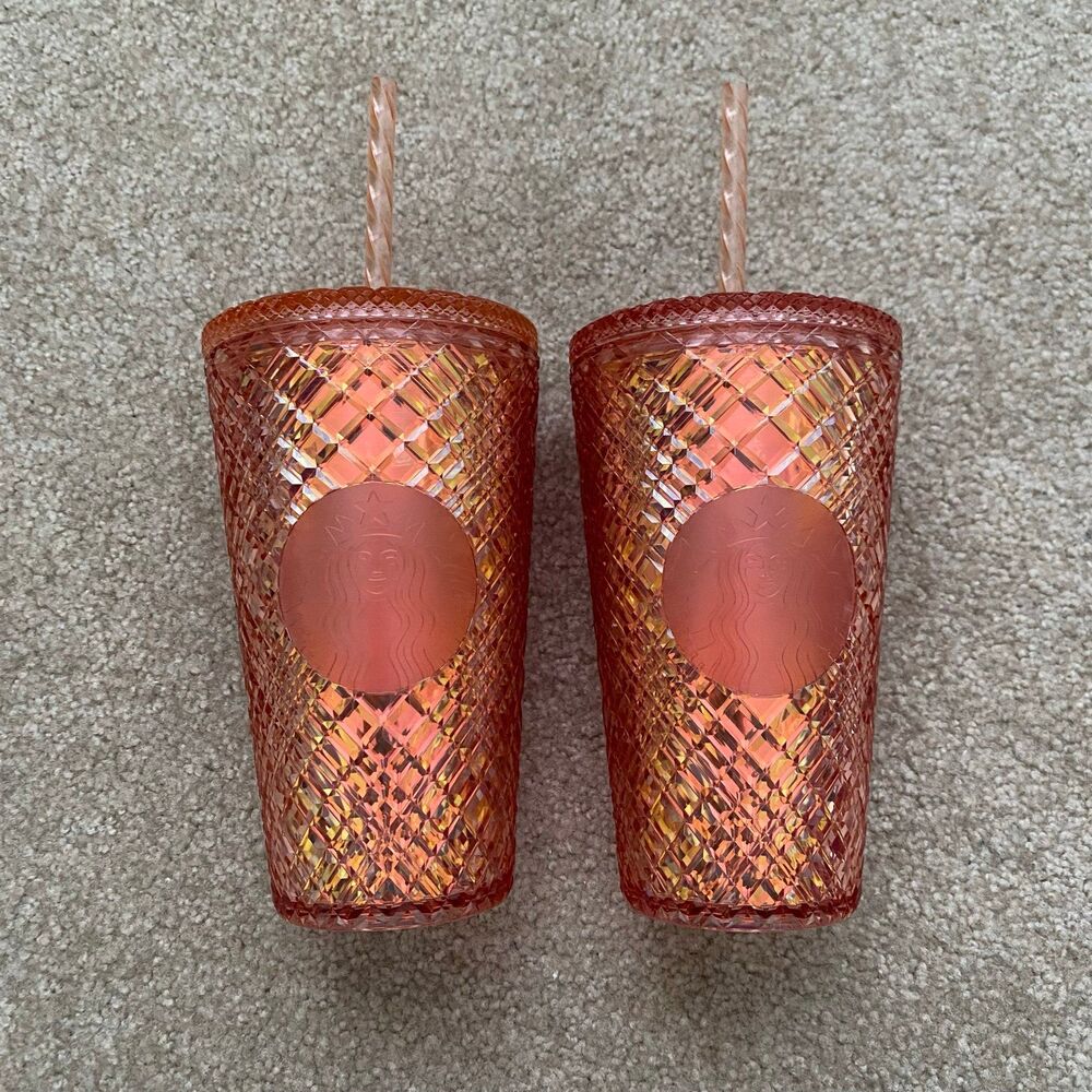 2 Starbucks Holiday Gold Orange Gem Jeweled Tumbler Cold Cups - Grande 16 oz NEW